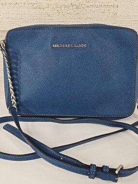 MICHAEL KORS Jet Set Crossbody Bag Blue Saffiano Leather Classic Chain Accent...